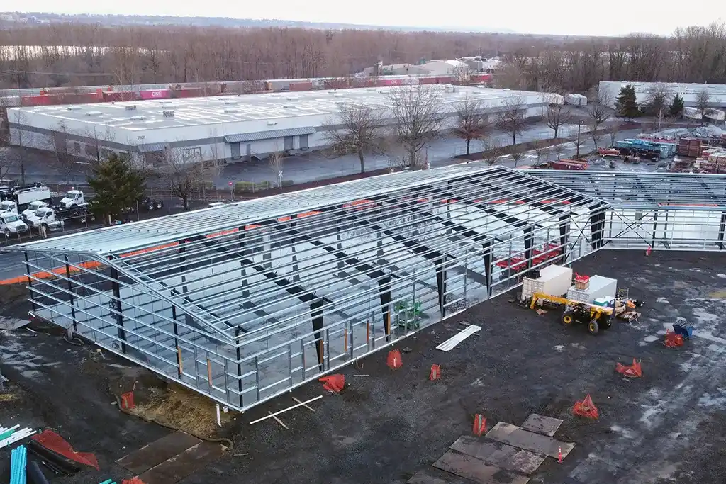 Aerial view of a building with a steel frame