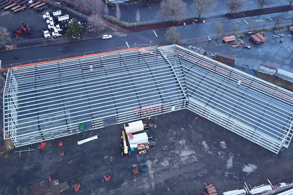Top down view of a steel building under construction