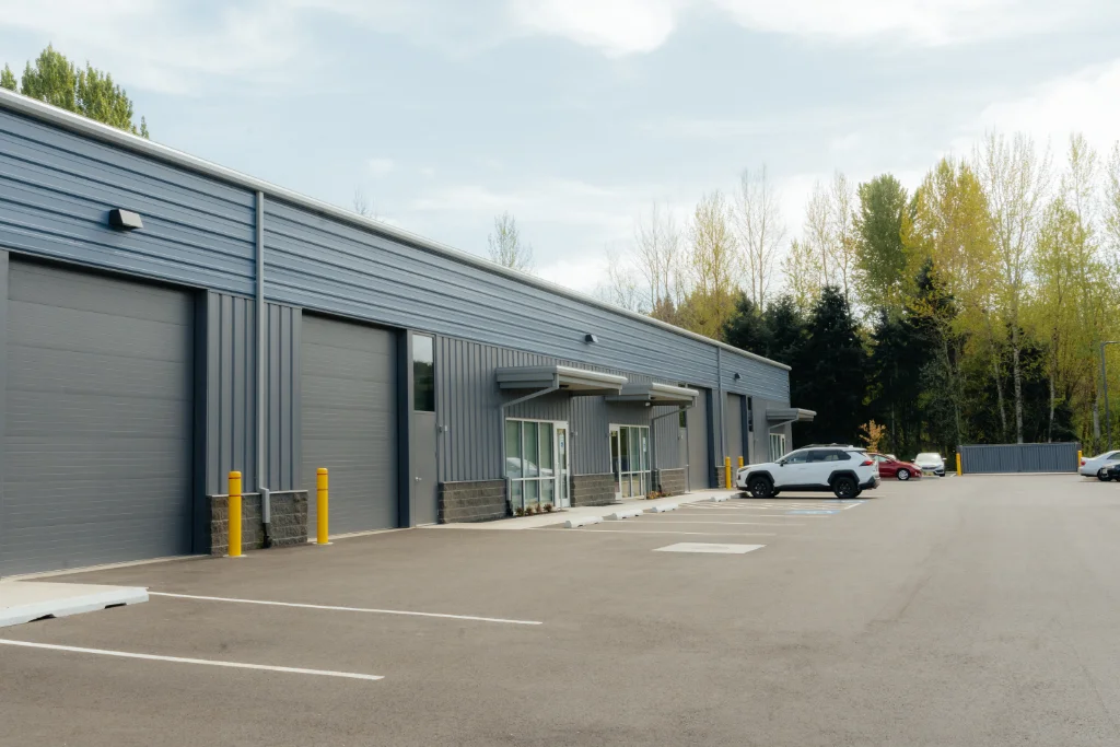 A completed commercial steel building in Vancouver, WA, showcasing Westmore Construction’s expertise in metal building erection and general contracting.