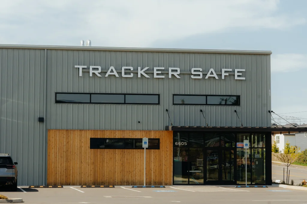 The Tracker Safe commercial facility in Vancouver, WA, featuring custom steel building erection and exterior finishing by Westmore Construction.