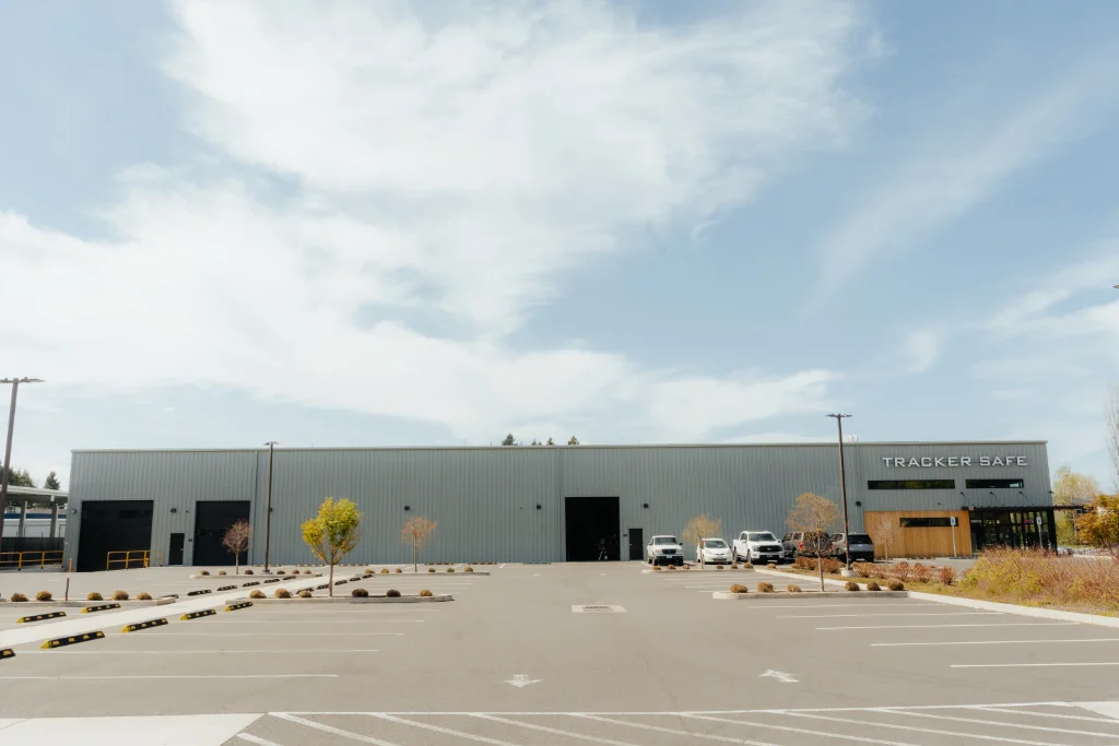 Landscape photo of the Tracker Safe commercial facility in Vancouver, WA, featuring custom steel building erection and exterior finishing by Westmore Construction.