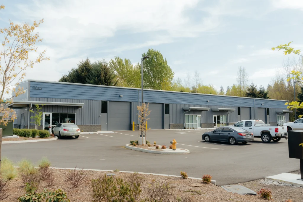 A completed industrial steel building complex in Vancouver, WA, showcasing Westmore Construction’s high-quality commercial contracting and metal finishes.
