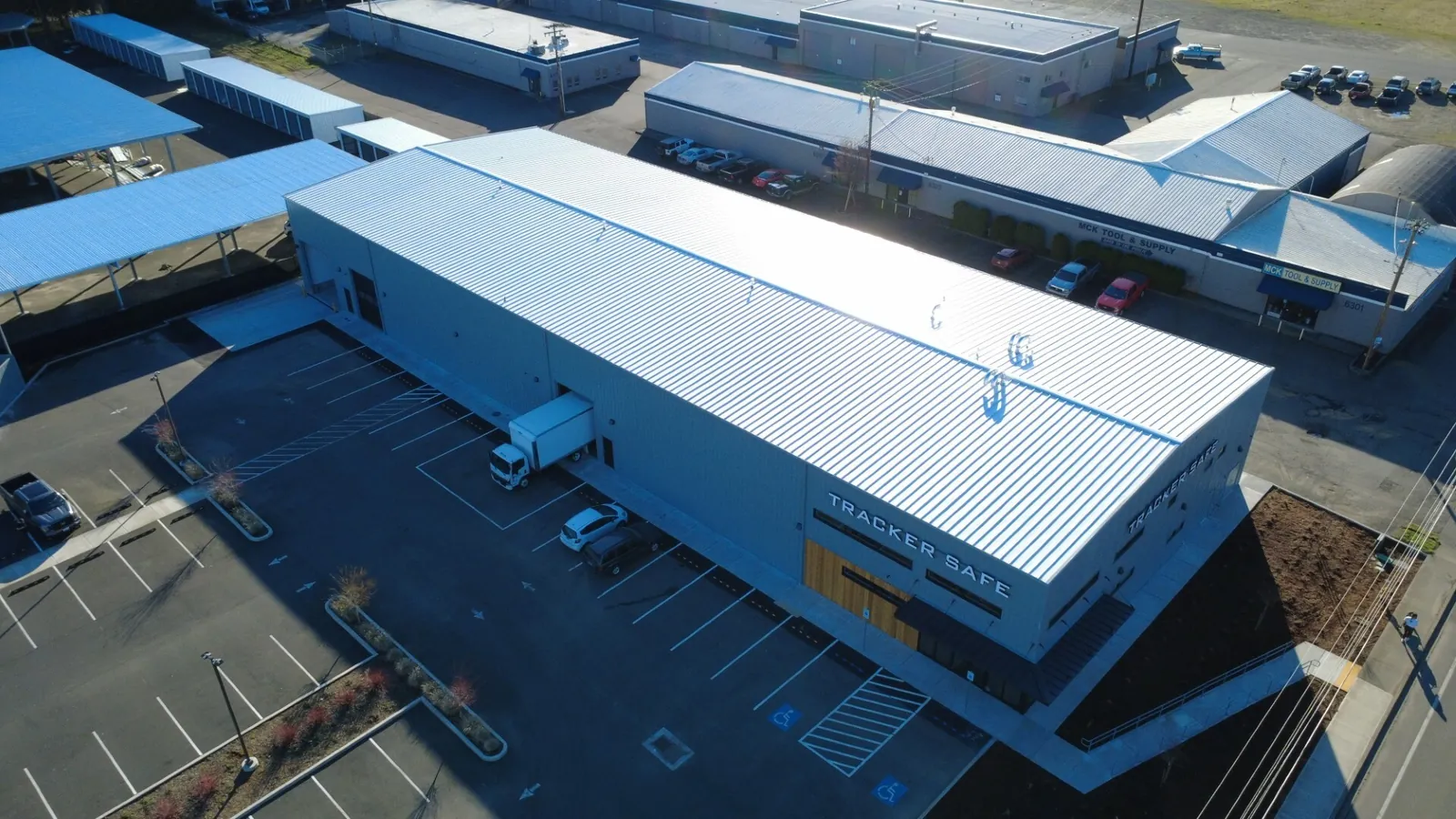 Aerial view of the finished Tracker Safe steel building and parking lot in Vancouver, WA