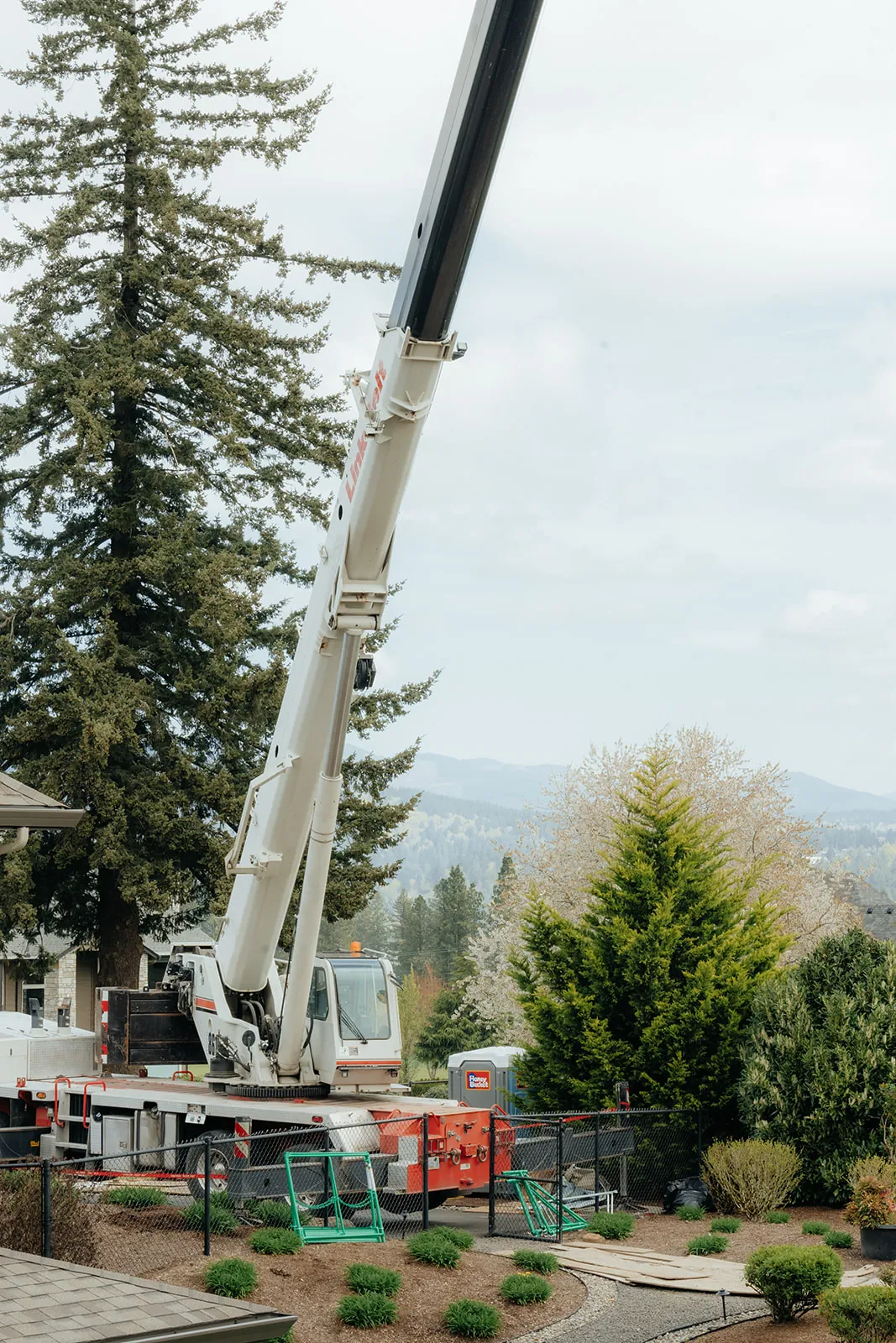 Westmore crane boom raised in a landscaped residential backyard with evergreen trees