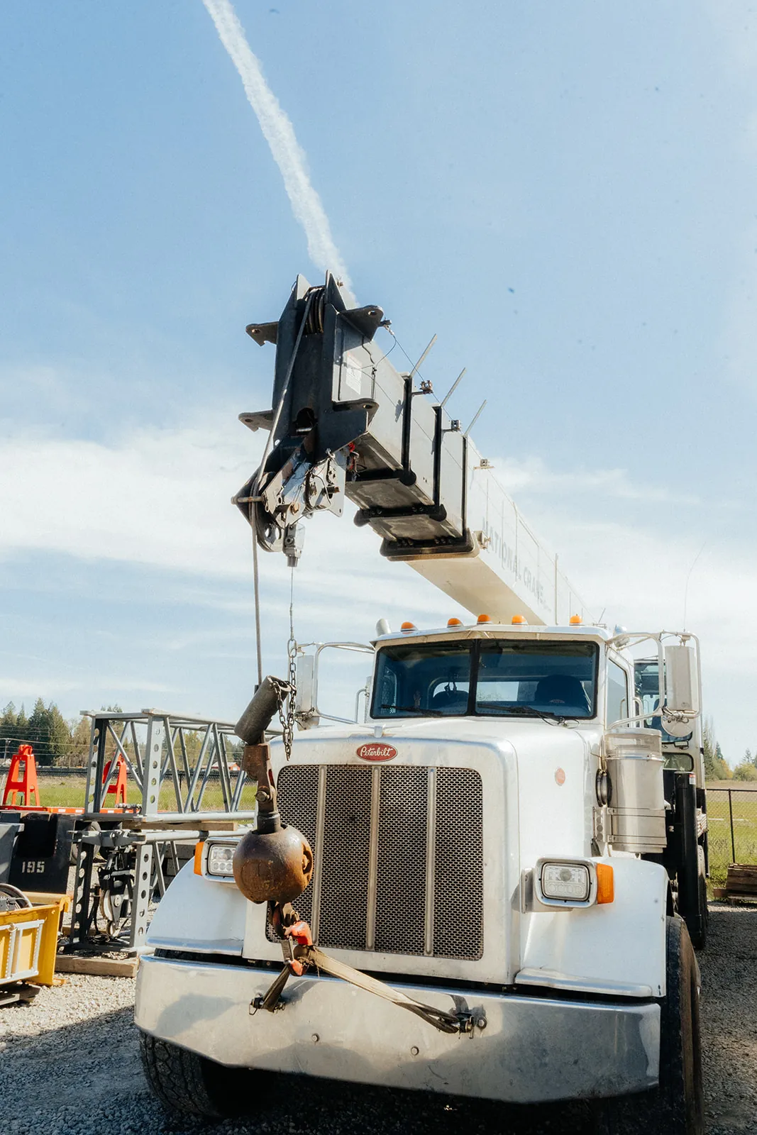 Westmore National Crane boom truck with the boom raised and rigging attached