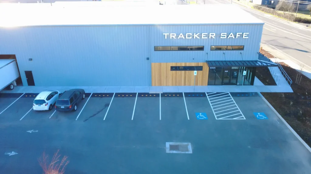 Aerial drone view of the finished Tracker Safe building erected by Westmore in Vancouver, WA