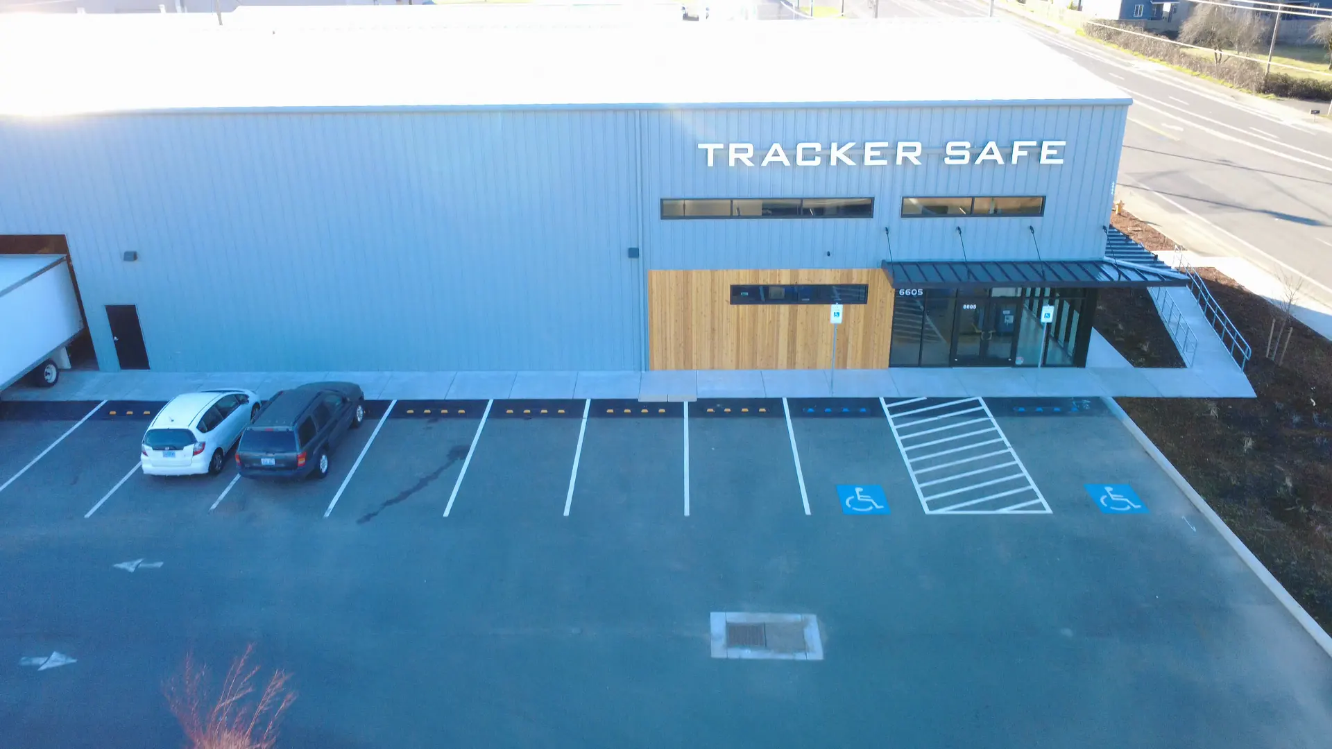 Aerial drone view of the finished Tracker Safe building erected by Westmore in Vancouver, WA