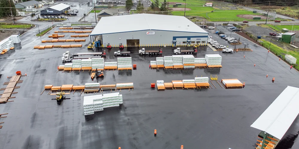Aerial view of the completed Builders FirstSource warehouse and lumber yard in Woodland, Washington