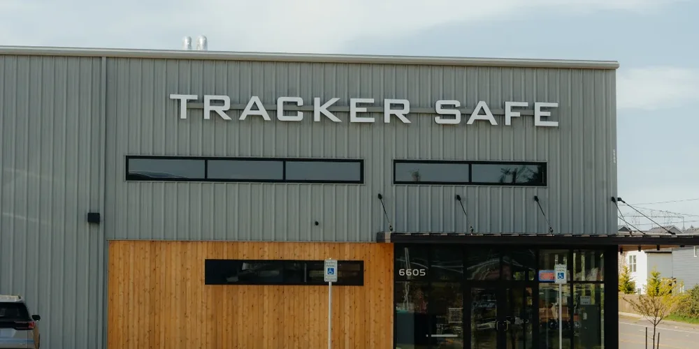 Tracker Safe steel building with wall signage, address 6605, Vancouver WA